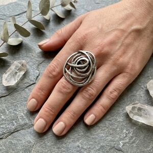 Turkish Zamak Silver Rose Ring Large Statement Adjustable Abstract Boho Jewelry